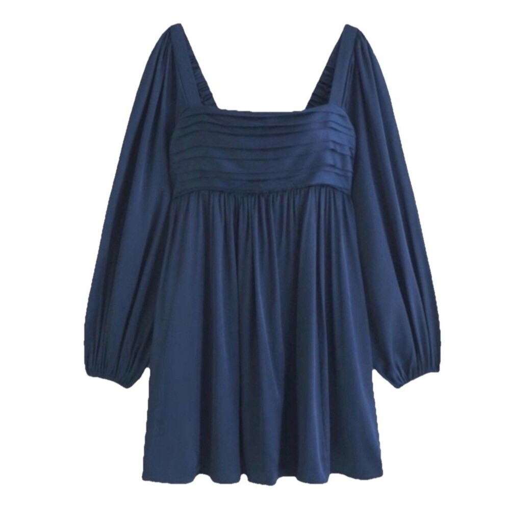 Abercrombie & Fitch The Emerson Navy Blue Satin Long Sleeve Mini Dress Womens S